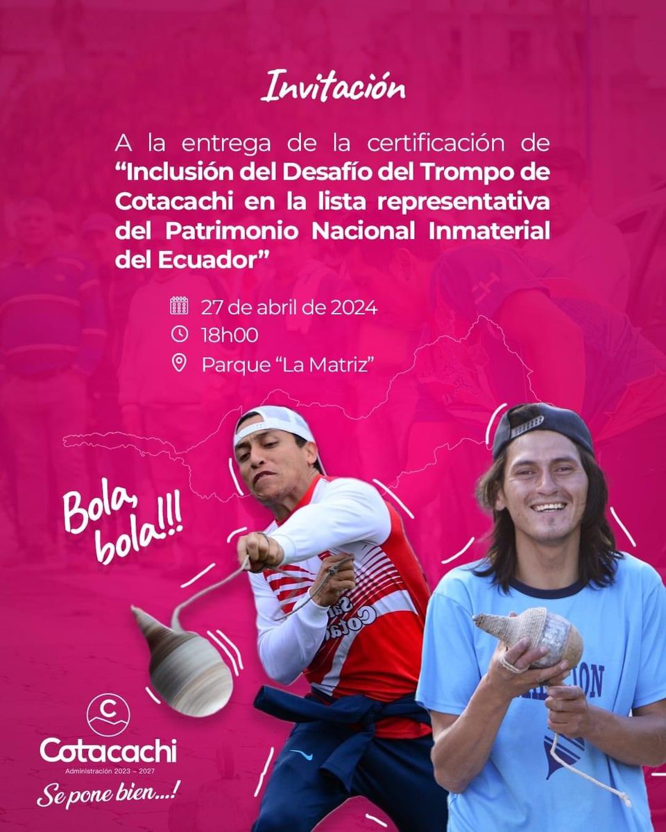 Somos incorporados a la lista más representativa del Ecuador como patrimonio cultural intangible. 26 y 27 abril. Juegos,  fiesta con la Rumba Habana. Presencia de ministra de Cultura Romina Muñoz.
