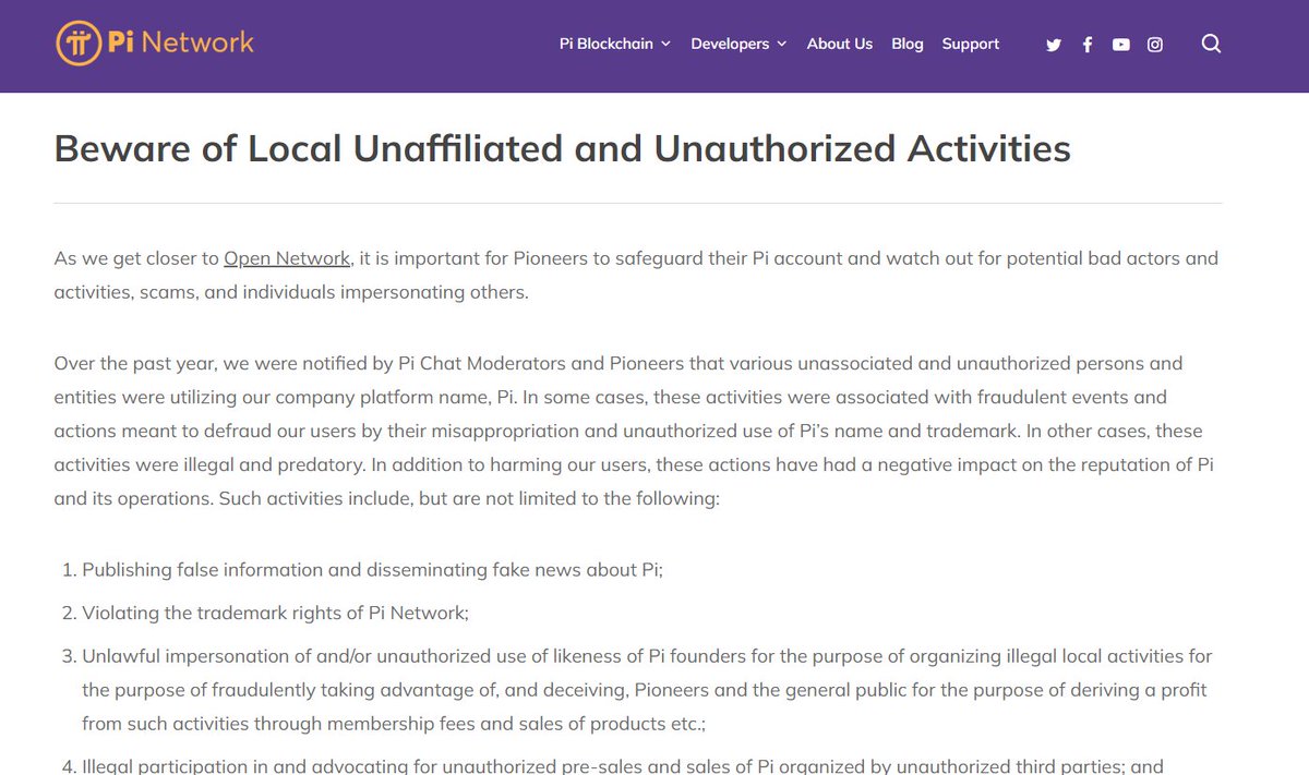 Koreanteacher1's tweet photo. Beware of Local Unaffiliated and Unauthorized Activities
⚠️⚠️⚠️⚠️⚠️⚠️⚠️⚠️⚠️⚠️⚠️⚠️
As we get closer to Open Network, it is important for Pioneers to safeguard their Pi account and watch out for potential bad actors and activities, scams, and individuals impersonating others.

Over the past year, we were notified by Pi Chat Moderators and Pioneers that various unassociated and unauthorized persons and entities were utilizing our company platform name, Pi. In some cases, these activities were associated with fraudulent events and actions meant to defraud our users by their misappropriation and unauthorized use of Pi’s name and trademark. In other cases, these activities were illegal and predatory. In addition to harming our users, these actions have had a negative impact on the reputation of Pi and its operations. Such activities include, but are not limited to the following:

Publishing false information and disseminating fake news about Pi;
Violating the trademark rights of Pi Network;
Unlawful impersonation of and/or unauthorized use of likeness of Pi founders for the purpose of organizing illegal local activities for the purpose of fraudulently taking advantage of, and deceiving, Pioneers and the general public for the purpose of deriving a profit from such activities through membership fees and sales of products etc.;
Illegal participation in and advocating for unauthorized pre-sales and sales of Pi organized by unauthorized third parties; and
Dissemination of baseless rumors, slander and attacks against Pi to cause serious and irreparable harm to the reputation of the Pi, this project, and the local community.
In our ongoing effort to protect our users, Pi, and Pi’s name and trademark, we once again want to make clear to our current and potential users, and the general public the following important points:

The Pi Core Team has never authorized any person or organization to take any of the above actions.
Pi, Pi Core Team, and Pi founders have no affiliation whatsoever with any parties engaging in such activities.
All such activities and actions are unauthorized by Pi, and you should refrain from engaging in any of these types of activities.
Pioneers and the general public are advised that all activities not officially described and promoted on our website, apps, or official social media channels are unauthorized and you should beware of participating in such activities as they are fraudulent activities which may cause you or other participants to suffer harm.
It is also important to note that a distinguishing factor for Pi-authorized activities is that true Pi-authorized activities and associated persons will not ask you for money. Should you decide to participate in the unauthorized activities described above, you do so at your own risk.

Since the beginning of Pi, our core principle has been that Pi requires no fiat currency onramp and is accessible for everyone to participate in and mine. There has NEVER been any collection of money or any requirement for users to “buy in” in order to participate. Likewise, Pi does not charge any fees or require users to purchase items from Pi or others to participate in Pi. It has always been the case that participation in Pi is completely voluntary without any coercion and without any financial cost to its users.

We continue to investigate these incidents, and we reserve the right to take any and all legal actions available against those parties organizing these unauthorized and illegal activities to protect Pi and its reputation.

See our prior blog post for further information on Pi Account safety during the Enclosed Network period of Mainnet.

https://t.co/2nvjRYArZt

#Pi #PiNetwork #파이 #파이코인 #Piscam #PiCoreTeam