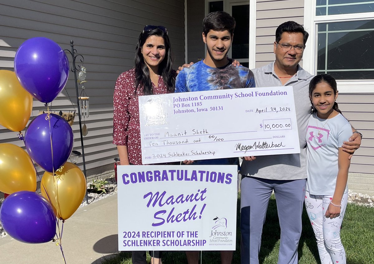 JohnstonCSD's tweet photo. JHS senior Maanit Sheth was tonight named the recipient of the 2024 Raymond and Marie Schlenker Scholarship — a $10,000 scholarship awarded to one JHS senior each year through the @jcsfoundation. Sheth will study biomedical engineering at the University of Iowa. His goal is to be a research and development scientist, and make a meaningful impact on people’s lives. Read more: https://t.co/t5w3FkC1Oq