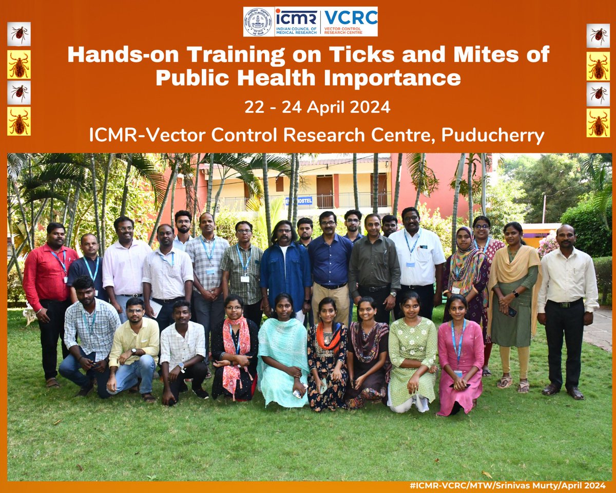 ICMRNIVCR's tweet photo. @ICMRVCRC vectorsuccessfully completed the Hands-on training workshop on Medically Important Ticks and Mites. The 3rd edition of the 3-day workshop trained 15 technical and scientific staff, including one from #DRDE Gwalior.
@ICMRDELHI @DeptHealthRes @DRDO_India https://t.co/YQMIZOO5TG