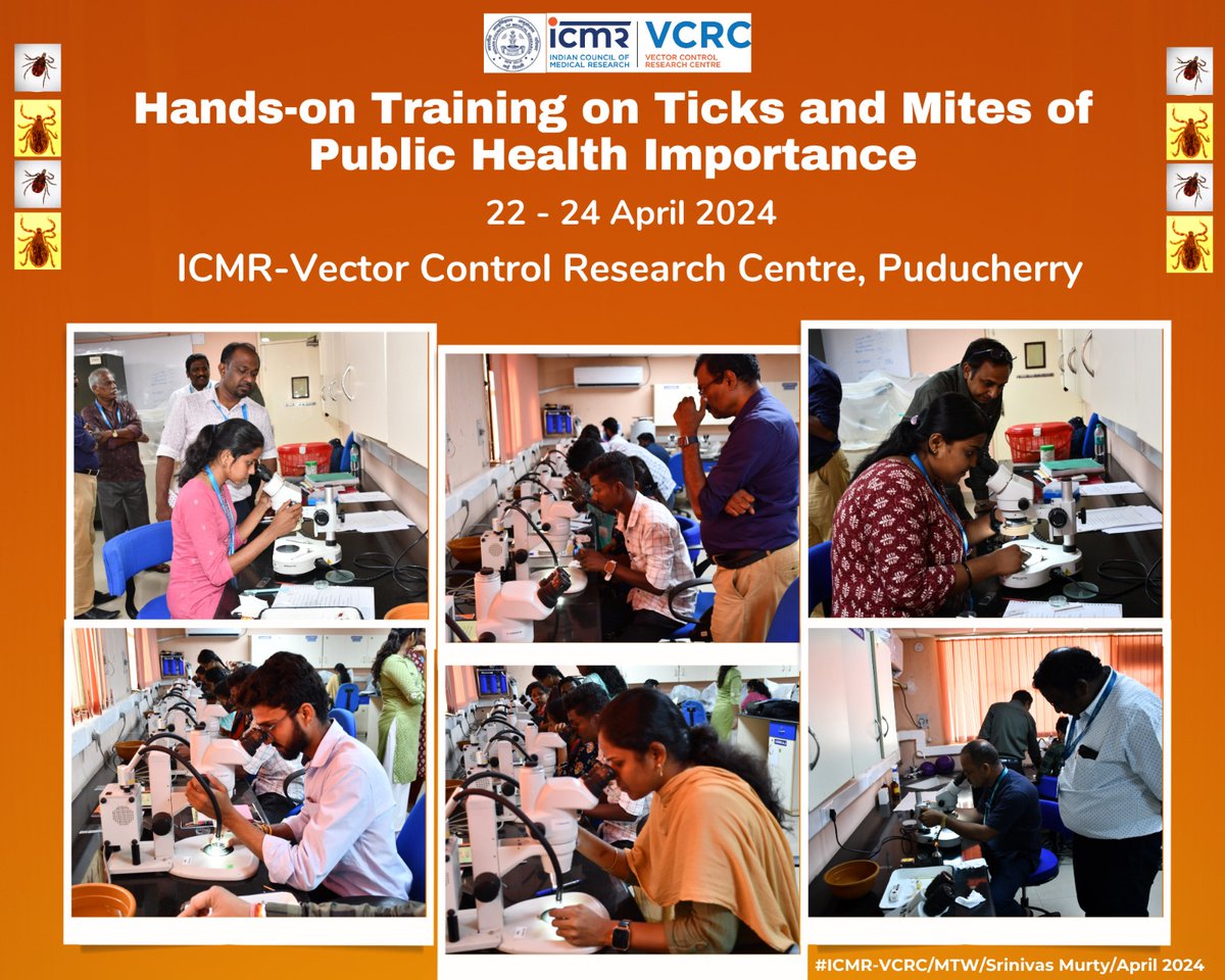 ICMRNIVCR's tweet photo. @ICMRVCRC vectorsuccessfully completed the Hands-on training workshop on Medically Important Ticks and Mites. The 3rd edition of the 3-day workshop trained 15 technical and scientific staff, including one from #DRDE Gwalior.
@ICMRDELHI @DeptHealthRes @DRDO_India https://t.co/YQMIZOO5TG