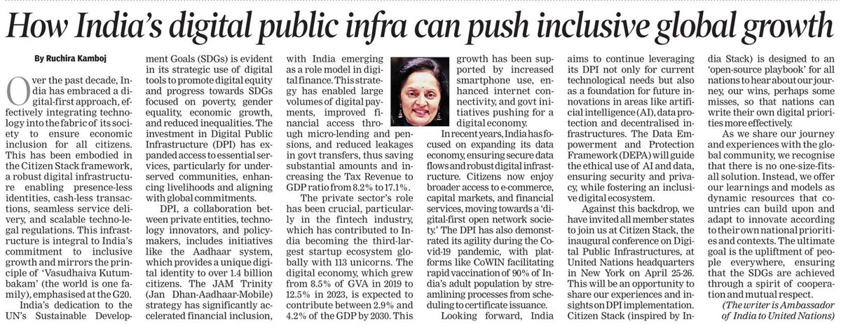 In her OpEd, PR outlines India’s successful approach to Digital Public Infrastructure. Join the discussion at the Citizen Stack Conference, UN HQ, on April 25-26, to learn about the strategies behind these achievements. #DigitalIndia