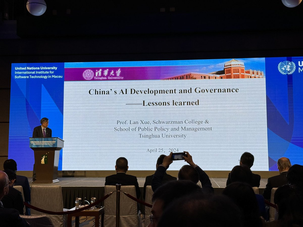 DrPatrickPang's tweet photo. Prof Lan Xue from @Tsinghua_Uni presents the unique AI experience in China, the fierce competition of AI models, and the adoptive governance of Chinese government at @UNUMACAU #AIConference2024 https://t.co/bb2i9fWeoR