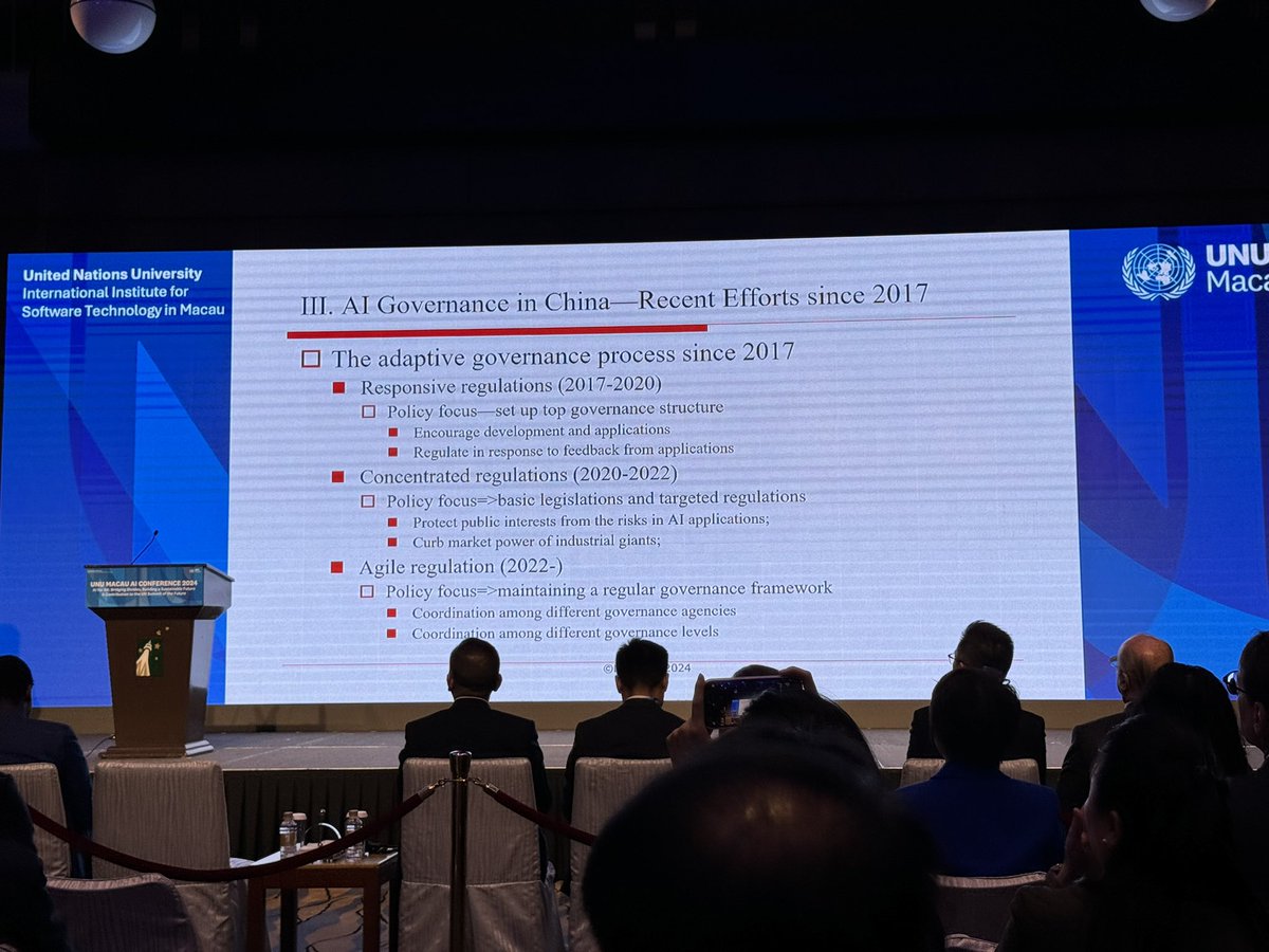 Prof Lan Xue from @Tsinghua_Uni presents the unique AI experience in China, the fierce competition of AI models, and the adoptive governance of Chinese government at @UNUMACAU #AIConference2024