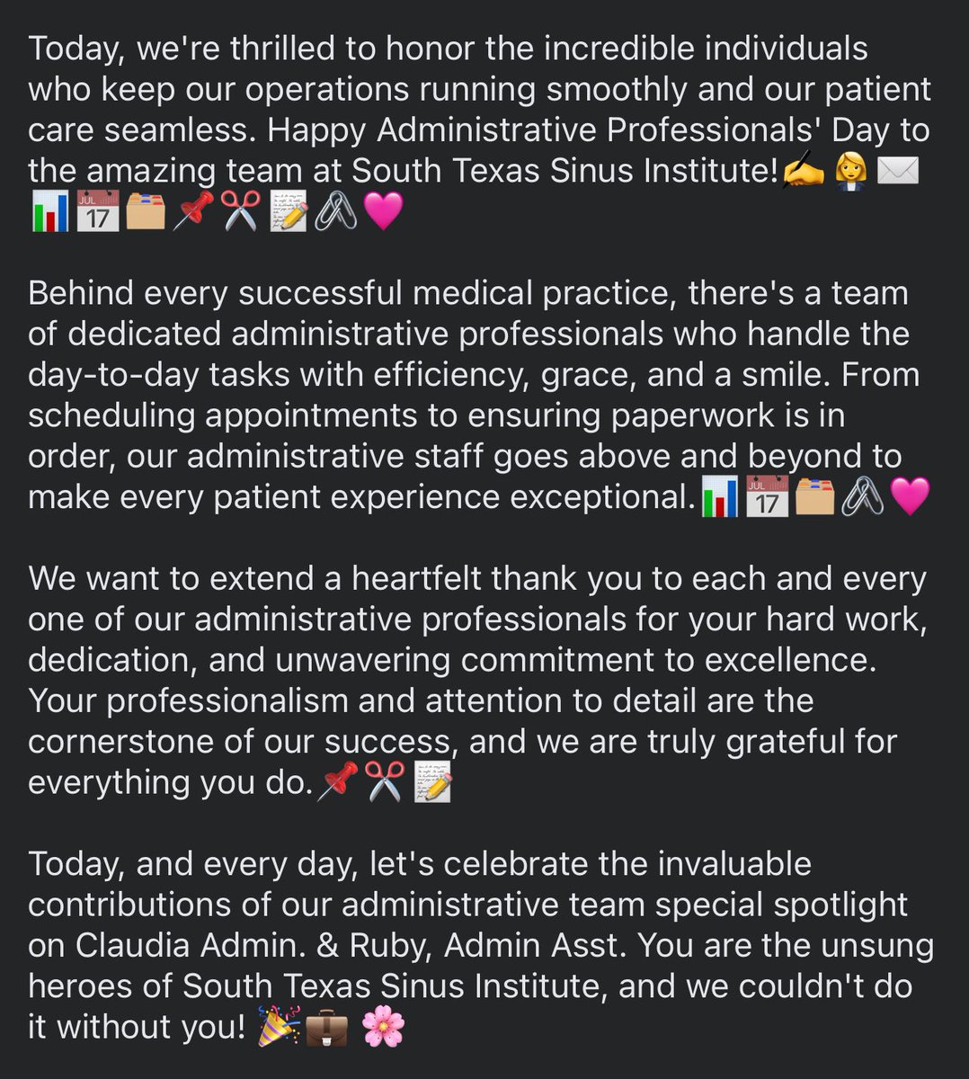 🌟 Celebrating Our Backbone: Administrative Professionals' Day at South Texas Sinus Institute! 🌟

#AdminProfessionalsDay #TeamAppreciation #ThankYou #drvincenthonrubia #rgvdoctors #Innovation #TeamEngagement #employeeappreciation #AdministrativeProfessionalsDay