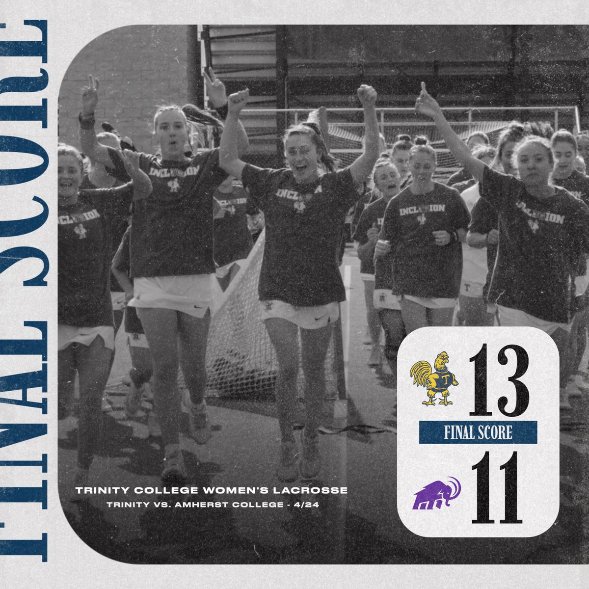 W🥍| The Bantams clinch a playoff spot with their 13-11 victory over the visiting Mammoths! Seedings will be released once NESCAC play concludes #RollBants🐓