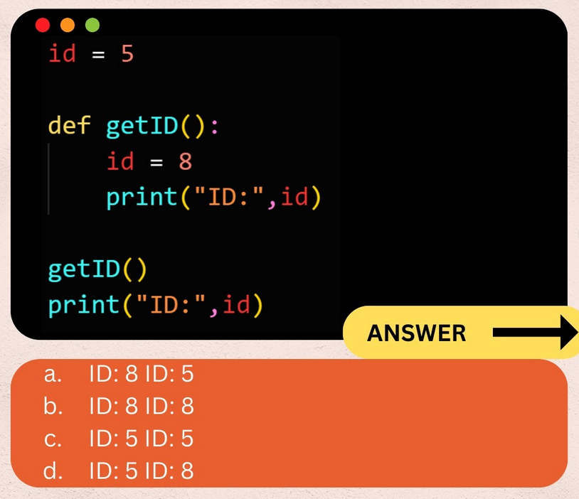 Python Question / Quiz;

What is the output of the following Python code, and why? 🤔🚀 Comment your answers below! 👇

#python #programming #developer #morioh #programmer #coding #coder #webdeveloper #webdevelopment #pythonprogramming #pythonquiz #machinelearning #datascience