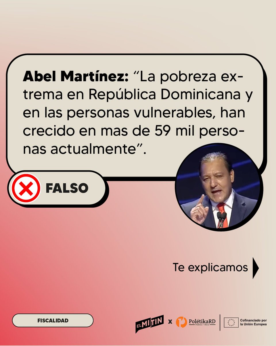 ElMitinRD's tweet photo. Es falsa la afirmación del candidato Abel Martínez de que la pobreza extrema en República Dominicana y en las personas vulnerables, han crecido en más de 59 mil personas actualmente. De acuerdo a datos del Banco Central, la pobreza extrema se redujo de 400,162 familias en 2022 a 346,655 en 2023. También se evidencia la disminución al comparar con años anteriores. #DebateAnje #PolétikaXElMitin
@PoletikaRD #DebatesAnje2024 #DebatesRD