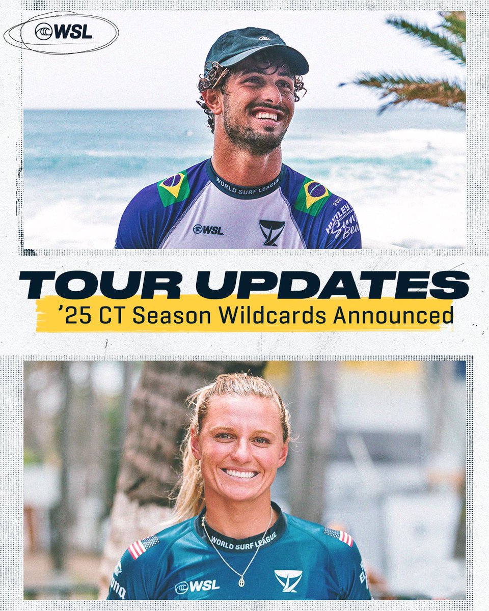 📰 B R E A K I N G The remaining two 2025 WSL Season Wildcards have been awarded to @LakeyPeterson and @joao_chumbinho . With @Steph_gilmore and @Filipetoledo77 , two previously announced Season Wildcards, all four athletes will be re-joining the CT at Stop #1 in 2025. Os