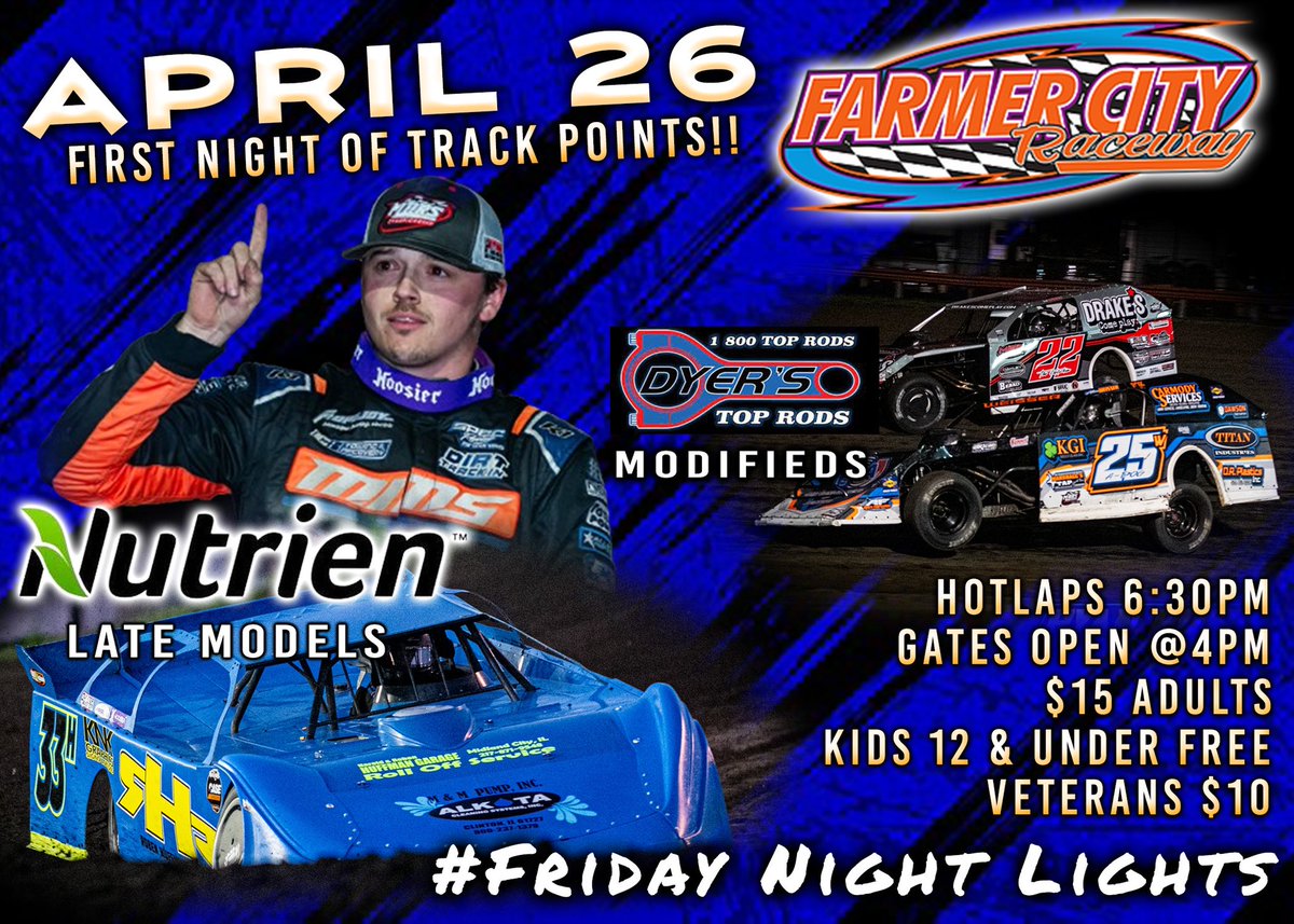 ✌️𝑀𝒪𝑅𝐸 𝒮𝐿𝐸𝐸𝒫𝒮: This Friday night is the First Night of Points for the 2024 season!! $1,500 to win for the @NutrienAgRetail Late Models! The Dyers Top Rods Modifieds will be in action along with Pro Late Models, Pro Mods, Street Stocks, & Kid Mods. #FridayNightLights!!