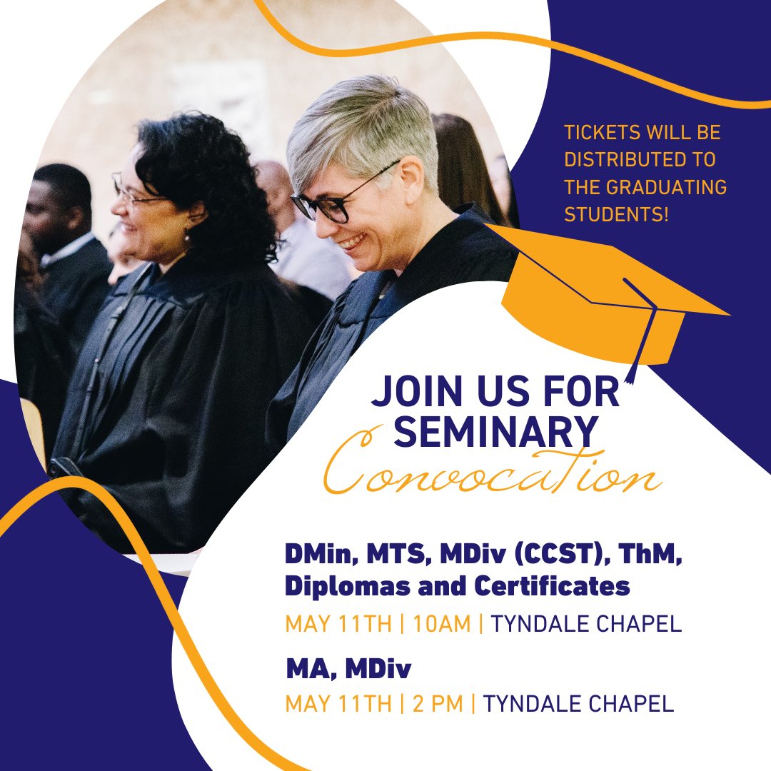 🎓 You are cordially invited to the Tyndale Seminary Convocation on Saturday, May 11th in the Tyndale Chapel. 

DMin, MT, MDiv (CCST), ThM, Diplomas and Certificates:  10 AM 
MA, MDiv: 2 PM

Tickets distributed to graduates &amp; livestream link here: bit.ly/3Uj3TCv
