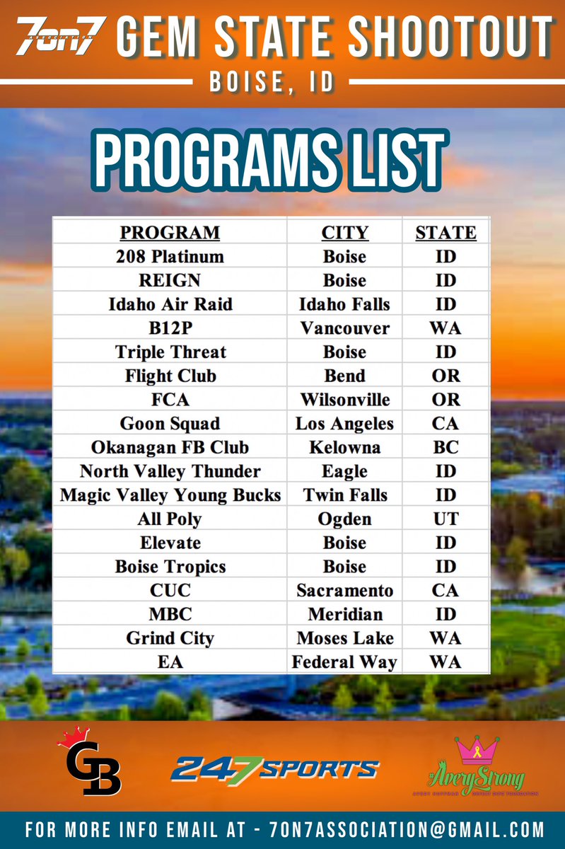The7on7NW's tweet photo. Gem State Shootout High School Division schedules are ready ‼️ 

Going to be a fun weekend in Boise☀️🏈📈 https://t.co/rQ5nD8Hdx1