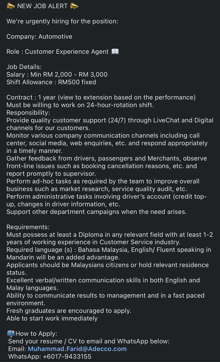 FaridNor (@muhammadfrd) on Twitter photo Hiring For Customer Experience Agent.
Immediate hiring.
#hiring #kerjakosong #freshgrade #shift #job #Vacancy
<a href="/MauKerjaMY/">Maukerja</a> <a href="/Oh_KerjaKosong/">Oh Kerja Kosong</a> <a href="/kerjakosong123/">Kerja Kosong</a> <a href="/kerja_kosongMY/">Your Recruiter</a> <a href="/Resumekreatif6/">Jom Cari Kerja 2022</a> <a href="/twt_kerjaMY/">TwtKerja</a> <a href="/haikerja/">Jawatan Kosong</a> Hiring For Customer Experience Agent.
Immediate hiring.
#hiring #kerjakosong #freshgrade #shift #job #Vacancy
<a href="/MauKerjaMY/">Maukerja</a> <a href="/Oh_KerjaKosong/">Oh Kerja Kosong</a> <a href="/kerjakosong123/">Kerja Kosong</a> <a href="/kerja_kosongMY/">Your Recruiter</a> <a href="/Resumekreatif6/">Jom Cari Kerja 2022</a> <a href="/twt_kerjaMY/">TwtKerja</a> <a href="/haikerja/">Jawatan Kosong</a>