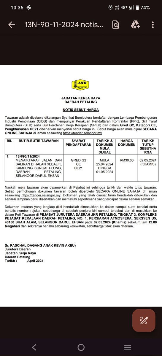 📣 NOTIS SEBUT HARGA 13N/90/11/2024 MENAIKTARAF JALAN DAN SALIRAN DI JALAN SEBALIK, KAMPUNG SUNGAI PLONG, DAERAH PETALING, SELANGOR DARUL EHSAN. @moworksmy @IPJKR_Official @JKRSelangor