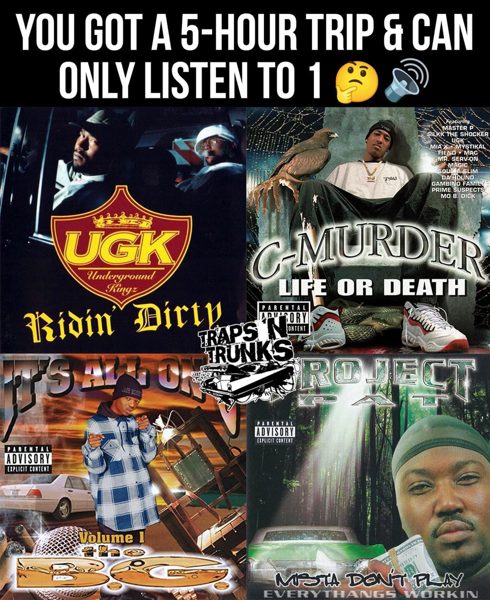trapsntrunks's tweet photo. You got a 5-hour trip &amp; can only listen to 1‼️🤔 Who would you pick? https://t.co/fP8IEfjaqq