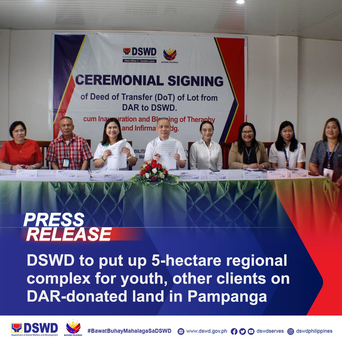 𝗗𝗦𝗪𝗗 𝗣𝗥𝗘𝗦𝗦 𝗥𝗘𝗟𝗘𝗔𝗦𝗘: DSWD to put up 5-hectare regional complex for youth, other clients on DAR-donated land in Pampanga The Department of Social Welfare and Development (DSWD) will soon build a regional complex on a 5-hectare land in Magalang, Pampanga donated by