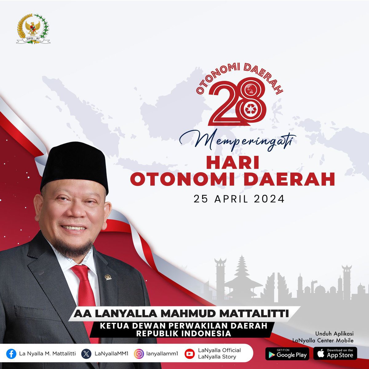 DPDRI's tweet image. Selamat memperingati Hari Otonomi Daerah 25 April 2024

#lanyalla #dpdri #ketuadpdri #hariotonomidaerah #otonomidaerah