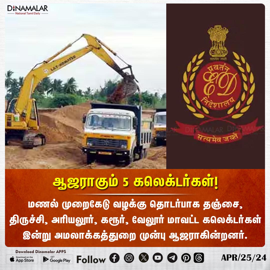 dinamalarweb's tweet photo. ஆஜராகும் 5 கலெக்டர்கள்!
#Sandminingcase | #sandabusecase | #ED | #collectors
https://t.co/y4W3uzOopr https://t.co/XX90iNgXxe