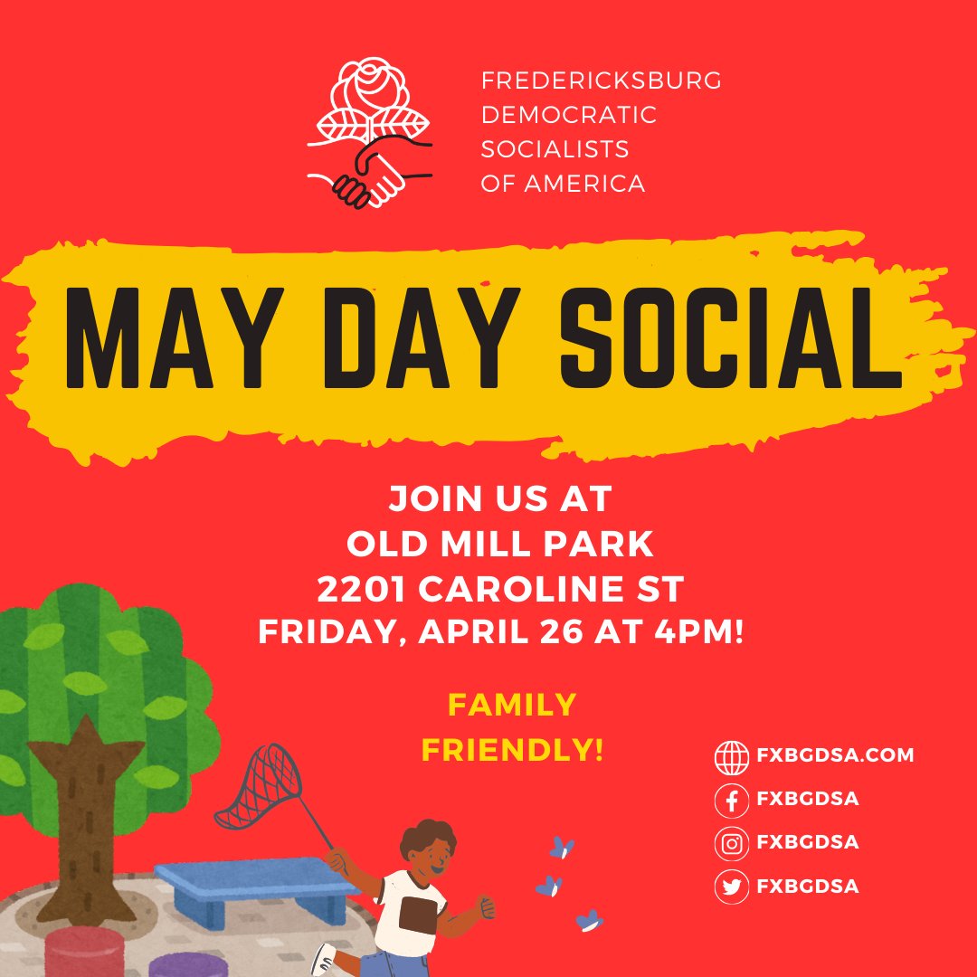Join us this Friday for our annual May Day celebration in honor of International Workers’ Day! Will you be there? Solidarity forever! #fxbgdsa #dsa #solidarityforever #mayday #internationalworkersday