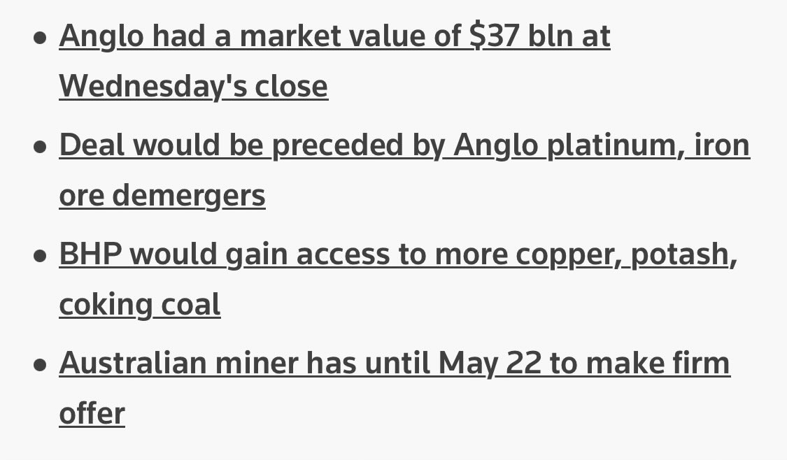 $AAL.L @AngloAmerican receives $BHP buyout proposal, #Copper key focus 
Spin out/ sale of #Platinum , #IronOre
reuters.com/markets/deals/… $NGLOY