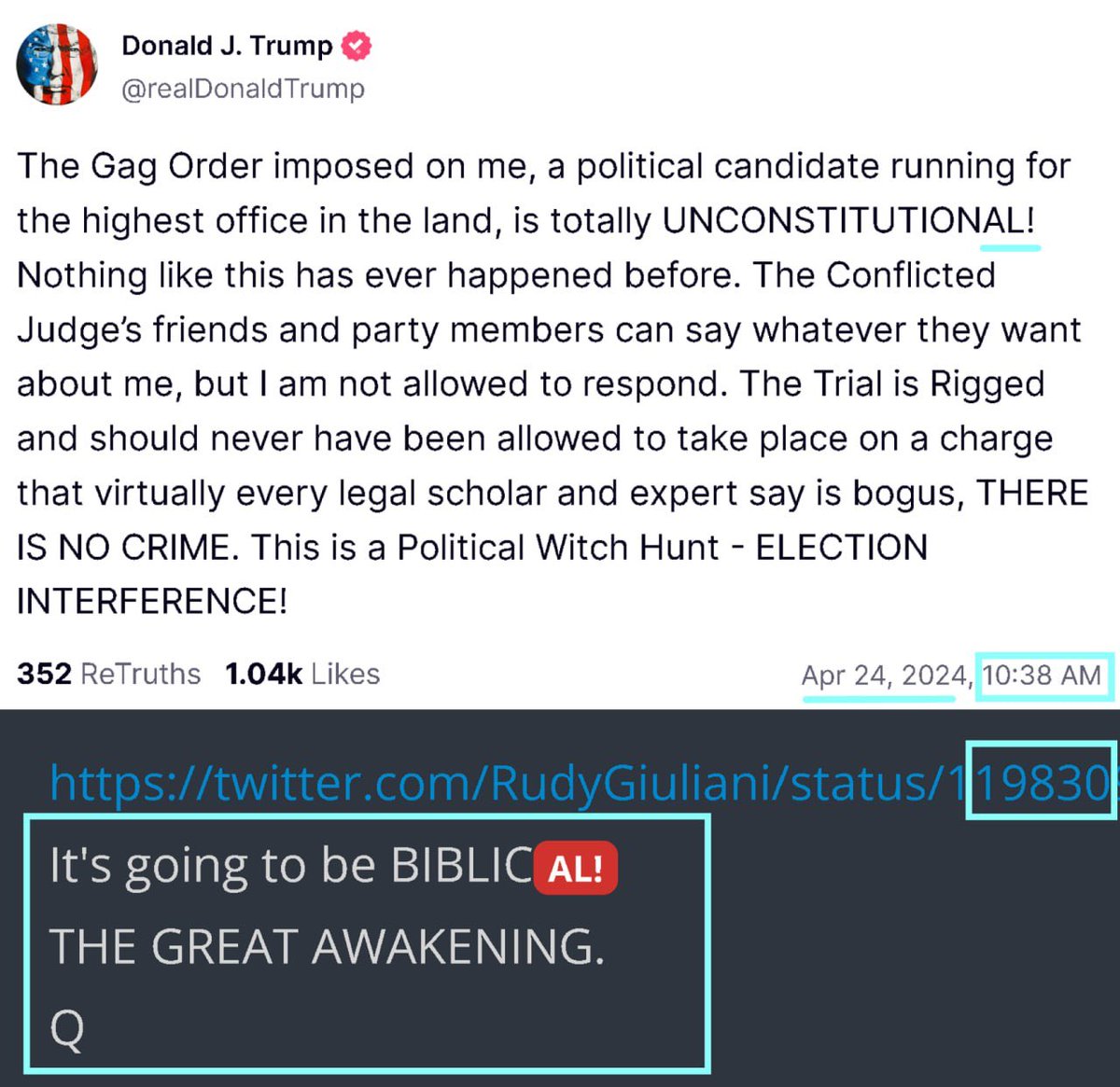 TRUMP –  POTUS isolates this drop (+1) – 1038 string is interrupted with a 9??

It's going to be BIBLICAL! 
THE GREAT AWAKENING.
Q