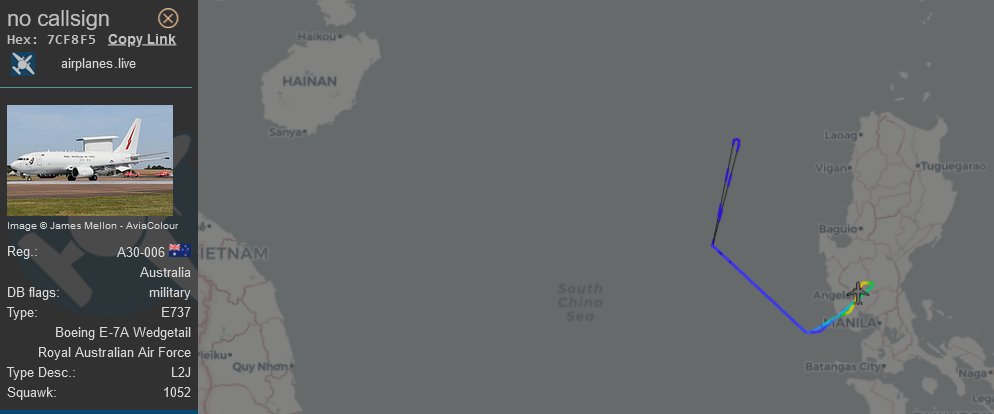 A Wedgetail has been lurking over the South China Sea. AEW&C arrived in the Philippines last week. globe.airplanes.live/?icao=7cf8f5