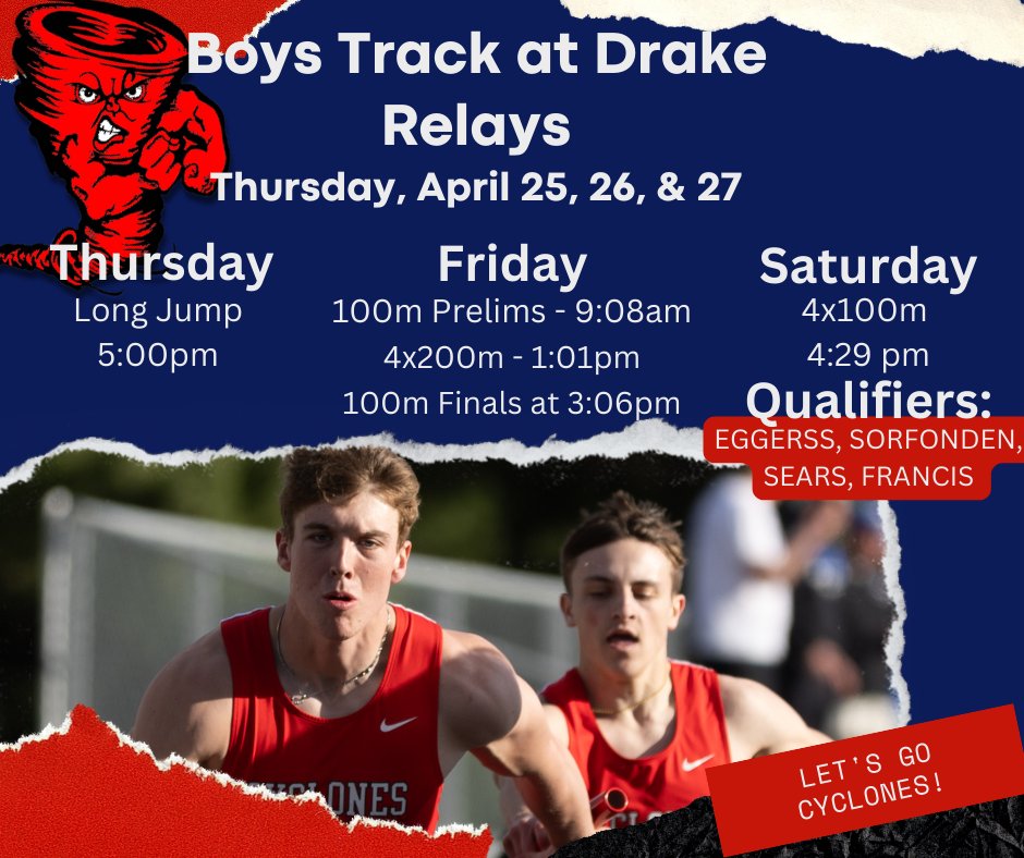 Congrats to our Boys Drake Relays Qualifiers 🌪️
You can catch them on the blue oval Thursday, Friday, and Saturday!
⌚️ April 25, 26, & 27 
📍 Drake Relays