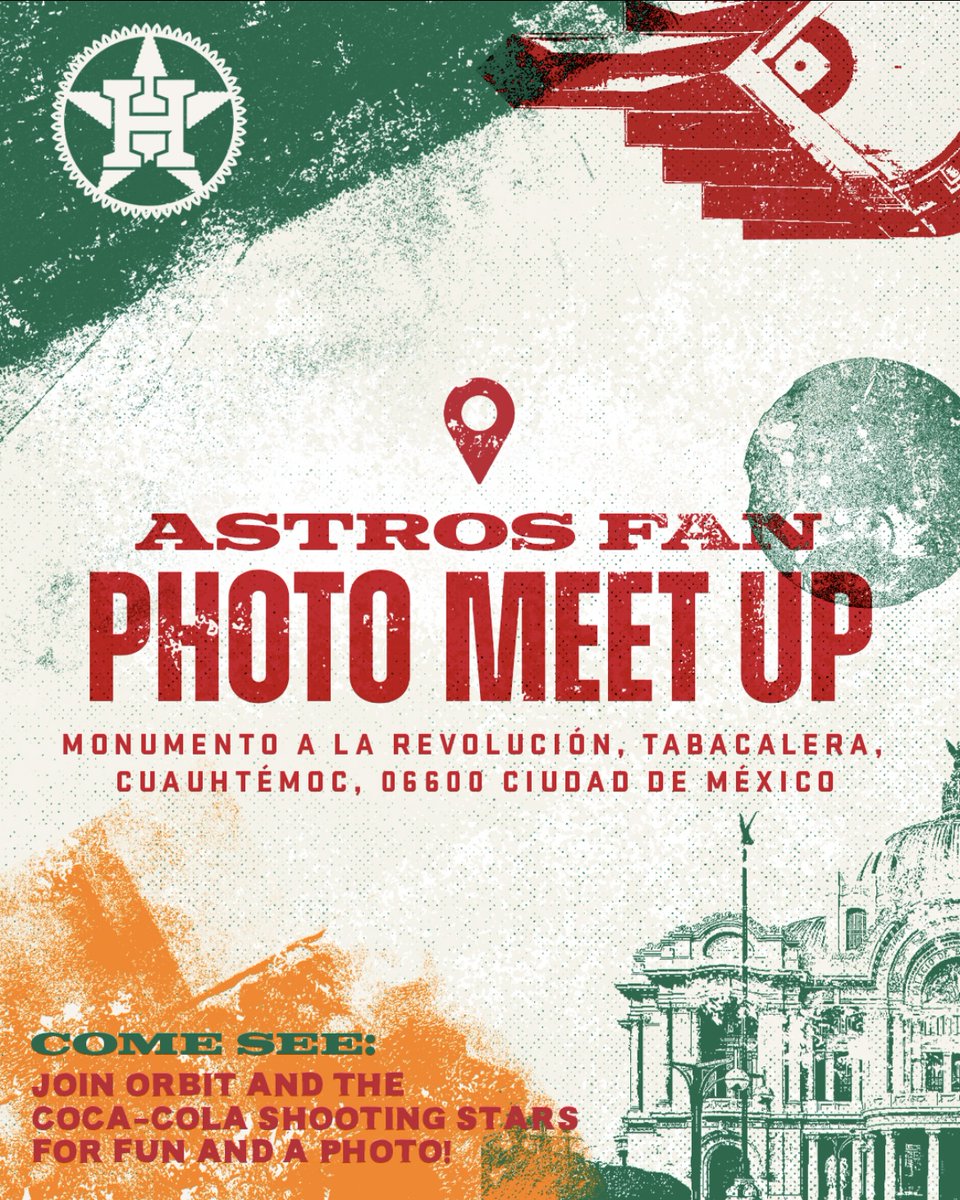 🗣️Calling all Astros fans in Mexico City! Come snap a photo with the Coca-Cola Shooting Stars & Orbit tomorrow at 12:45pm.