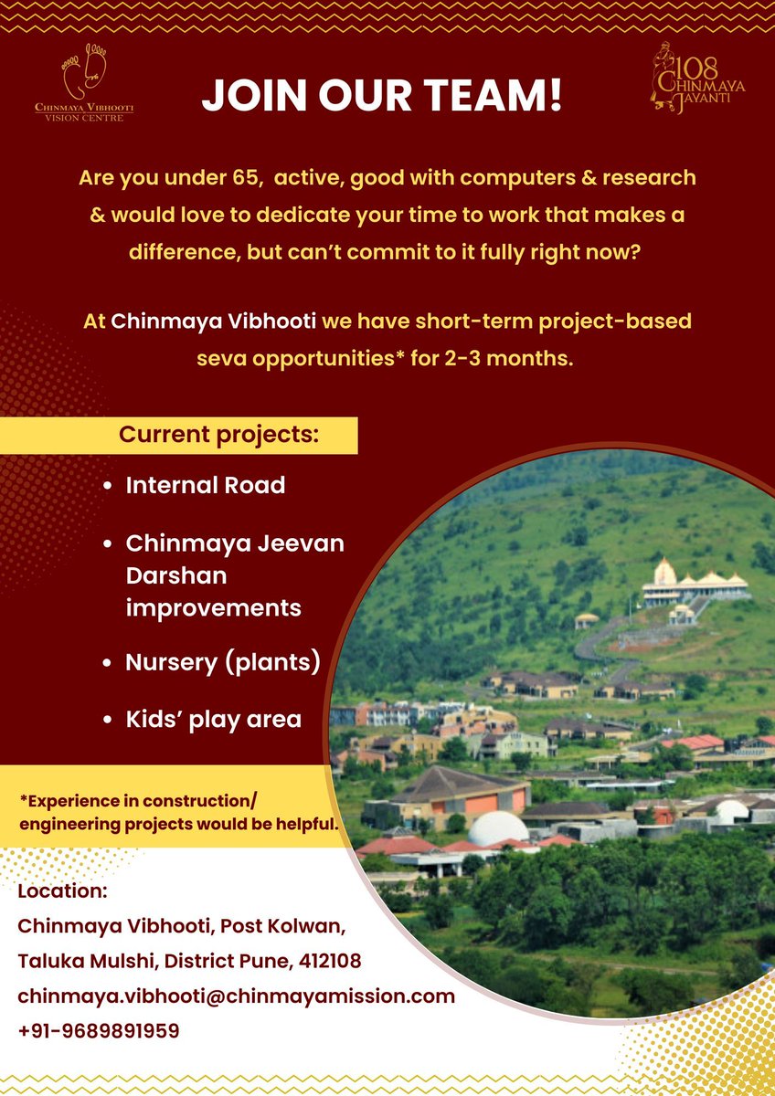 Join us a sevak for one of these projects or enquire about full time seva opportunities (for those aged under 65 in good health). 

chinmaya.vibhooti@chinmayamission.com 
+91-9689891959

This your opportunity and HE is our inspiration!

#volunteer #Sevak #Seva #ChinmayaVibhooti