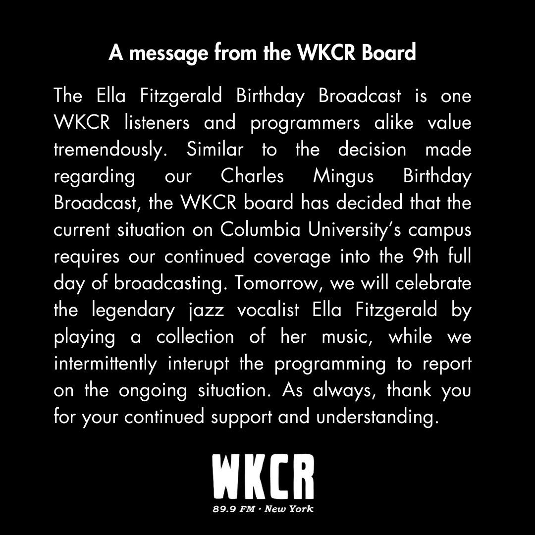 A message from the WKCR Board regarding the Ella Fitzgerald Birthday Broadcast scheduled for tomorrow, April 25th, 2024.