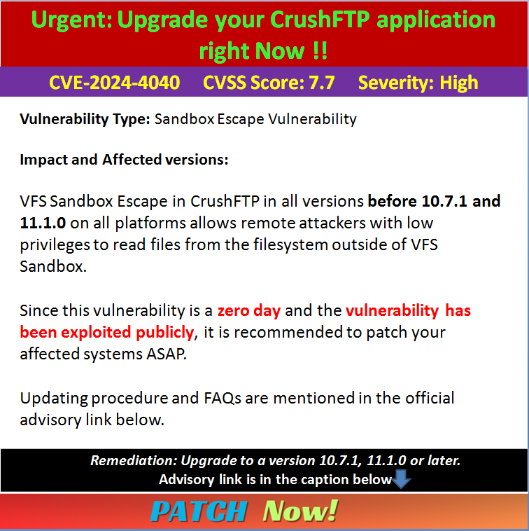 Urgent: CrushFTP is affected by CVE-2024-4040.. Patch it ASAP..  #PatchNow
#zeroday
#0day

#cybersecurity
#hacked
#Cyberattack
#infosec
#CyberSecurityAwareness
#DataBreach
