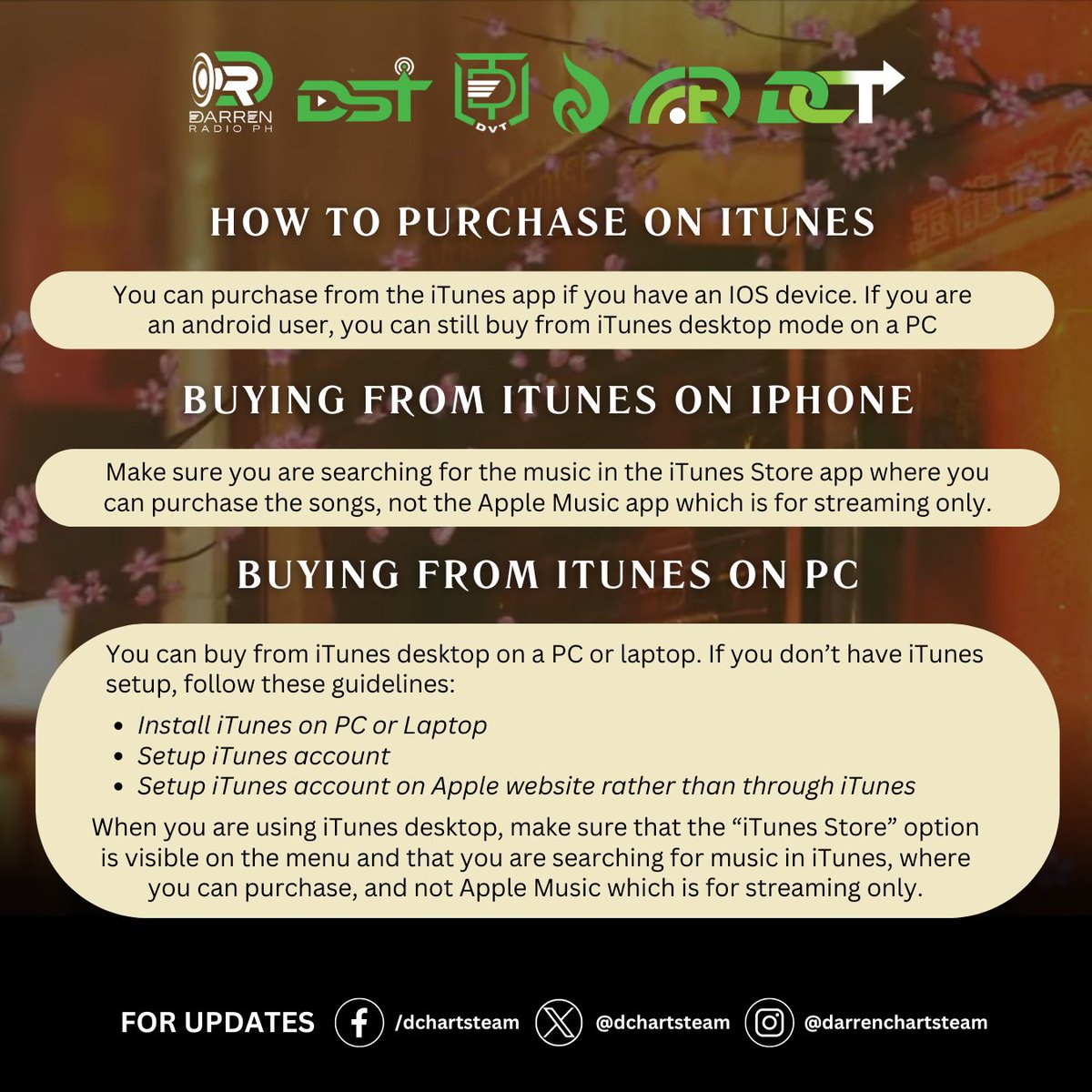 Hi, DARRENatics!

Look to our easy-to-follow iTunes Guidelines to learn how to purchase the song on iTunes once it's released. 

#DARREN #IyoDARREN #Iyo
#IyoChineseTagalogVersion 
@StarMusicPH @Espanto2001