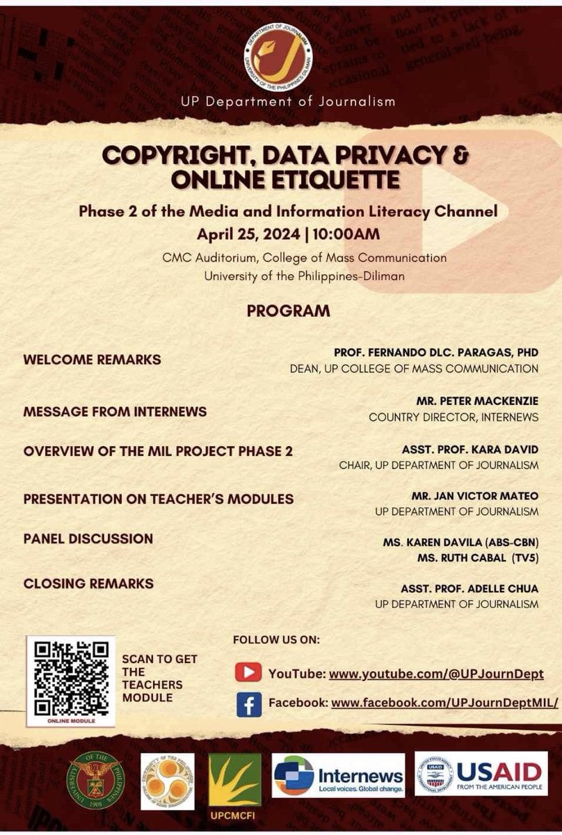 dzup1602's tweet photo. Join our discussion about Copyright, Data Privacy &amp; Online Etiquette with special guests Ms Karen Davila (@iamkarendavila) and Ms Ruth Cabal (@ruthcabal15) facilitated by Asst Prof Kara David (@karadavid). 

FB: https://t.co/Mp5FETNBOG

YT: https://t.co/R54OpY6NVC https://t.co/o1qWfOI06A