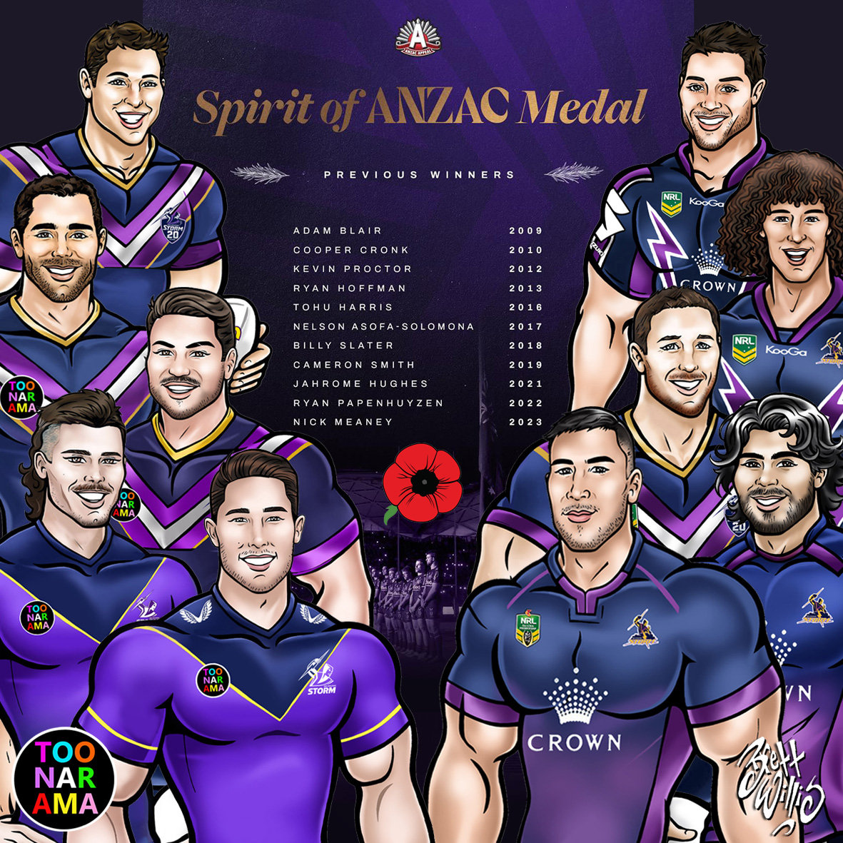 Melbourne STORM v South Sydney Rabbitohs - ANZAC Day Match 2024 - Spirit of ANZAC Medal previous winners! TOON-ight - a new name is added to the honour roll! Who is it going to be? #GoStorm #toonarama #LestWeForget
