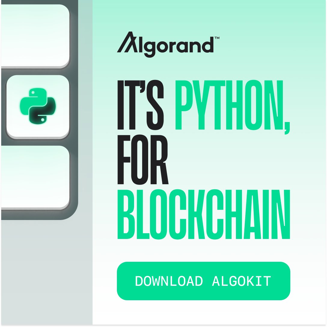 You can now code blockchain apps with Python.

✅ Start coding in the language you know
✅ Upskill to a $17B industry
✅ Use existing Python libraries

Try blockchain coding in 5 minutes with AlgoKit.

Learn more: developer.algorand.org/algokit/?utm_s…