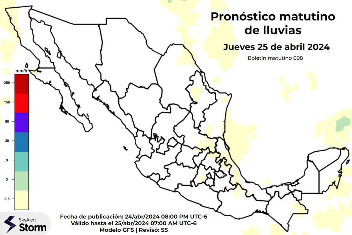 🌡️🌤️ #PronosticoDelTiempo para las primeras horas del jueves 25 de #abril: 🌧 Las lluvias seguirán débiles. 🌄 Las zonas de frescura seguirán reducidas en las zonas altas de Chihuahua y Durango así como en la península de Baja California.