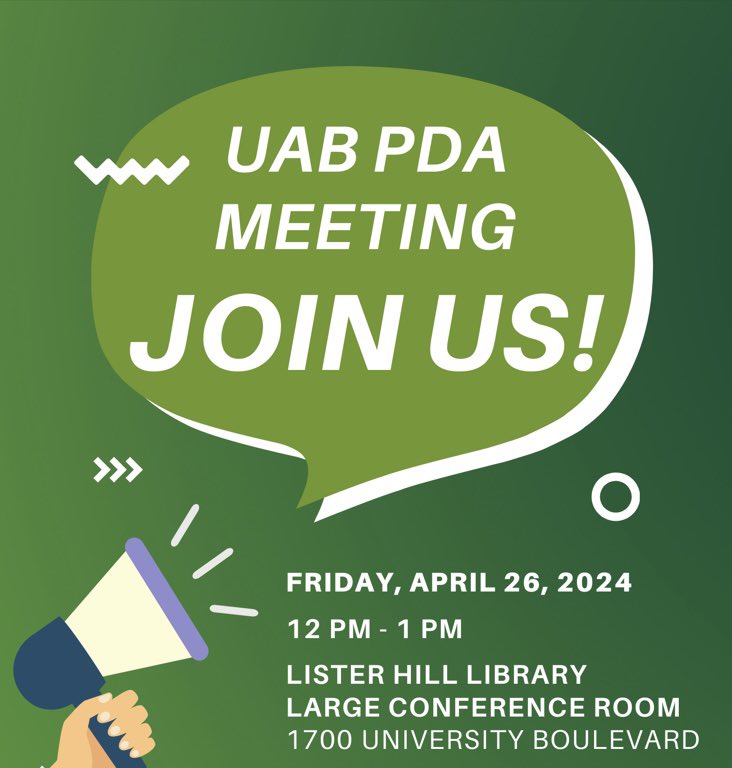 #UAB Postdoctoral scholars, you are invited to UAB Postdoctoral Association (UAB PDA) meeting this Friday, April 26 from noon to 1pm! 🐲 All postdocs are automatic members of UAB PDD, monthly meeting is scheduled to discuss hot topics & action items directly impact the training.