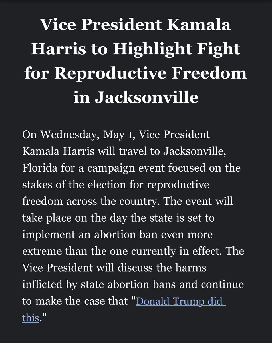 NEW >> Vice President Kamala Harris will be traveling to Jacksonville next week — May 1 — the same day Florida’s extreme 6-week abortion ban goes into effect.