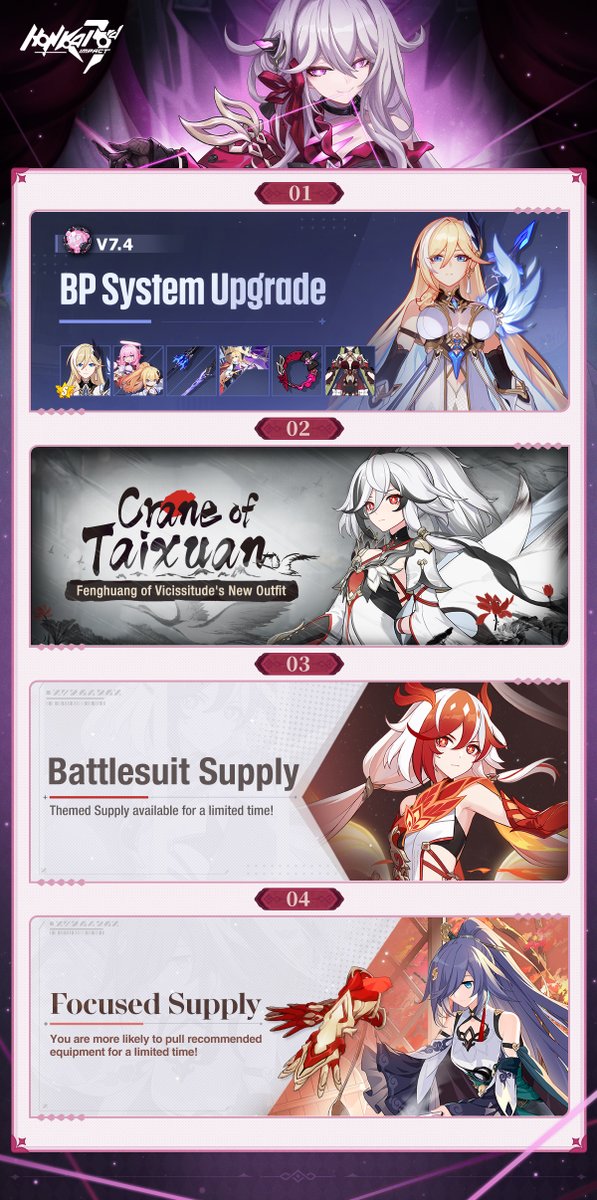 ☆☆ Weekly Events Update ☆☆ A new BP Season begins on APR 29, and Supply events will be available for a limited time from MAY 3. Stay tuned! ※ Please follow our announcements for further details. #HonkaiImpact3rd