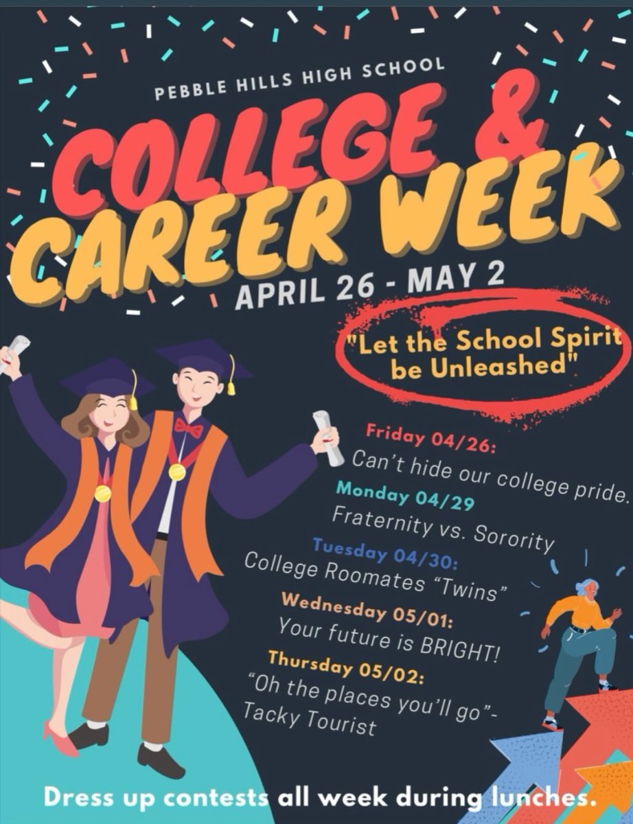 It’s College and Career Week at Sparta! Join the festivities by participating in the dress up days. Prizes will be given during each lunch all week long. @PebbleHillsAVID @PHHSEC @PHills_HS @Pebb_StuCo @AVID4College