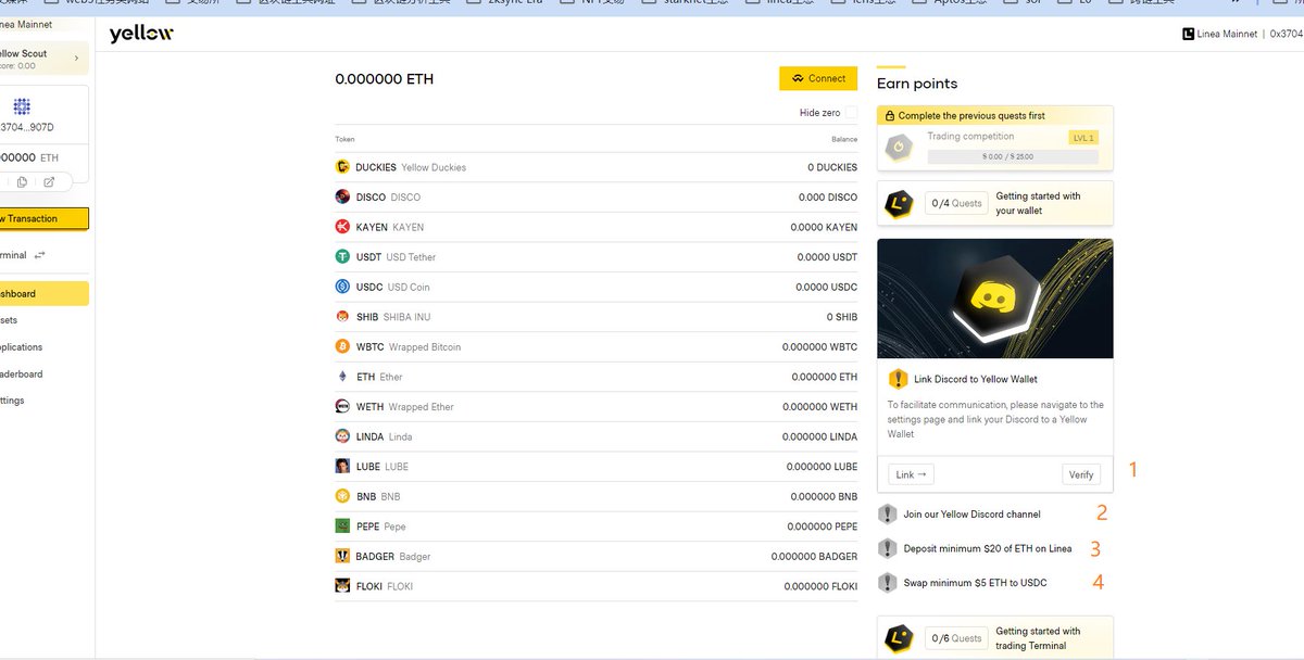 airdrop_nanhan's tweet photo. linea新lxp活动yellow wallet教程：
1.https://t.co/yLBhox0h1d 连接钱包完成基本任务，连接并加入 discord
2.按图2顺序复制地址存大于20UETH到yellow钱包
3. https://t.co/cYQgt8oSxT 点击wallet connect复制链接连接yellow钱包后在syncswap 然后兑换10U USDC （注：要在yellow钱包页面确认交易） https://t.co/8TuXPal7NN