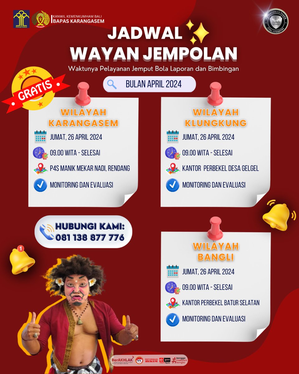 HALO SAHABAT PRIMA BERIKUT 
JADWAL WAYAN JEMPOLAN BULAN APRIL 2024

Melayani dengan Prima
Bapas Karangasem PASTI ASIK

#Romiyudianto
#ditjenpas 
#divisipaskanwilbali 
#humasitjenkumham 
#KumhamPasti 
#kemenpanrb 
#menpanrb 
#pelayananpublik 
#kanwilbali 
#pastiwbbm
#kanwilbali