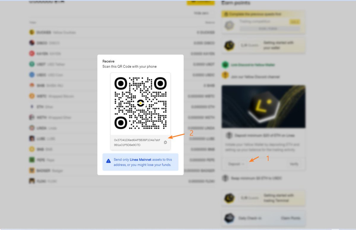 airdrop_nanhan's tweet photo. linea新lxp活动yellow wallet教程：
1.https://t.co/yLBhox0h1d 连接钱包完成基本任务，连接并加入 discord
2.按图2顺序复制地址存大于20UETH到yellow钱包
3. https://t.co/cYQgt8oSxT 点击wallet connect复制链接连接yellow钱包后在syncswap 然后兑换10U USDC （注：要在yellow钱包页面确认交易） https://t.co/8TuXPal7NN