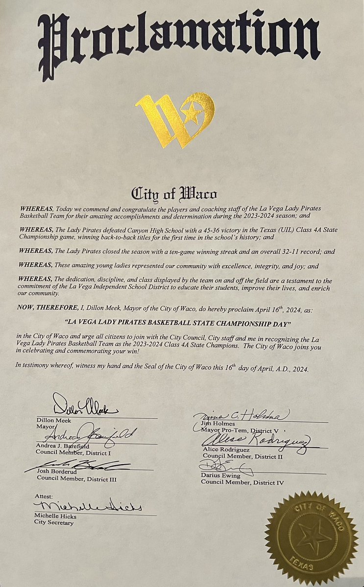 Super Thanks and Appreciate Mayor Dillon Meek, City Council, Ms. Michelle Hicks and The City of Waco for recognizing us with a Proclamation! 

<a href="/lvpirates/">La Vega Athletics</a>