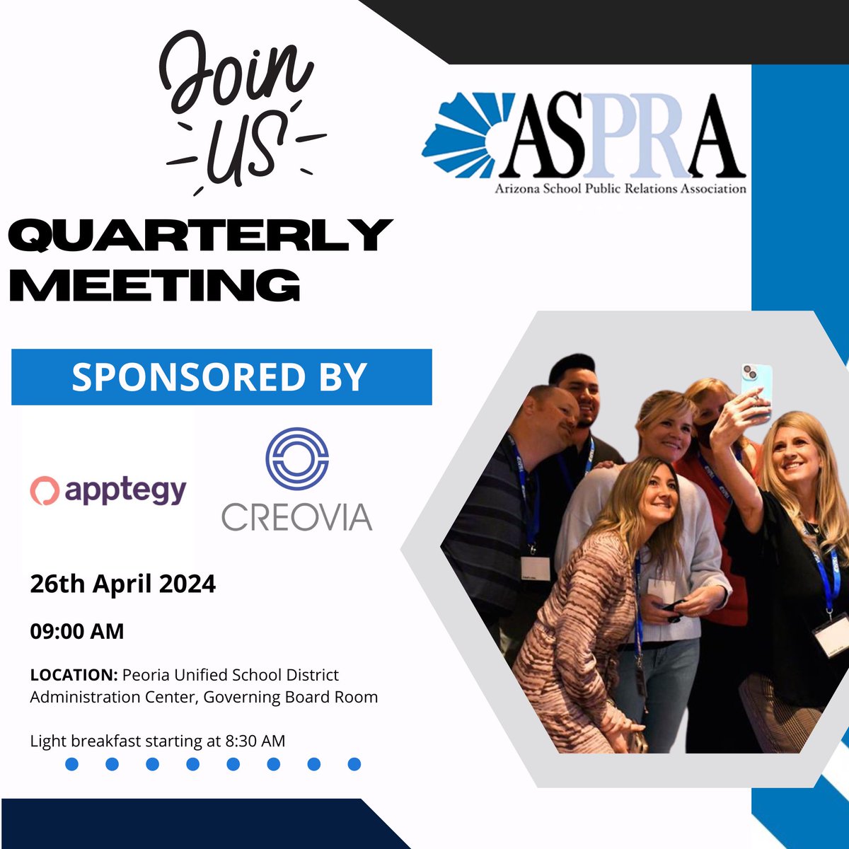 We are TWO days away from our next #quarterlymeeting! Meet us Friday, April 26 at the Peoria Unified School district office at 9 AM. We can’t wait to connect with you again. Special thank you to our sponsors @Apptegy & #Creovia 🥳🤩