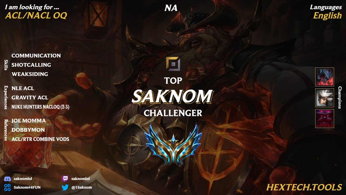 ready to get back on the grind. looking for team for acl mostly, i am confident i can prove myself if i dedicate myself to a strong team. hmu discord saknomlol