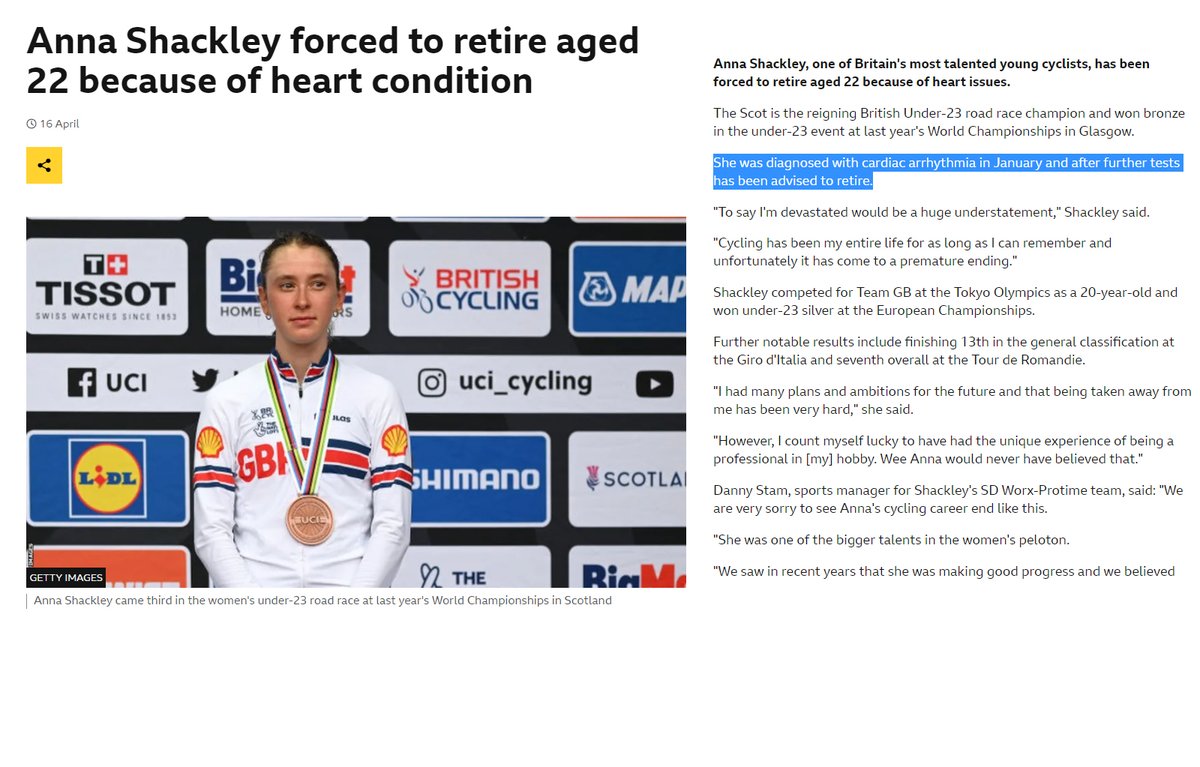 One of Britain's most talented young cyclists 22 year old Anna Shackley forced to retire because of cardiac arrhythmia

COVID-19 mRNA Vaccine Injuries have retired 1000s of promising young athletes.

Time for them to speak up.

#DiedSuddenly