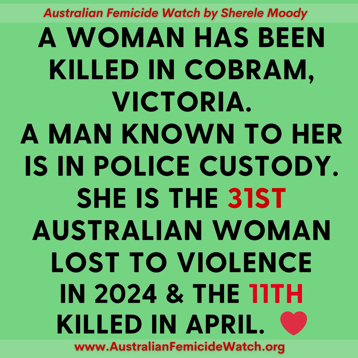 Thirty one women lost to violence in Australia in 2024, so far. I hate saying so far the inevitability of more. Eleven women killed in this month and it’s only April. At this point I’m lost for words. 😞

#domesticviolence #shematters #femicide