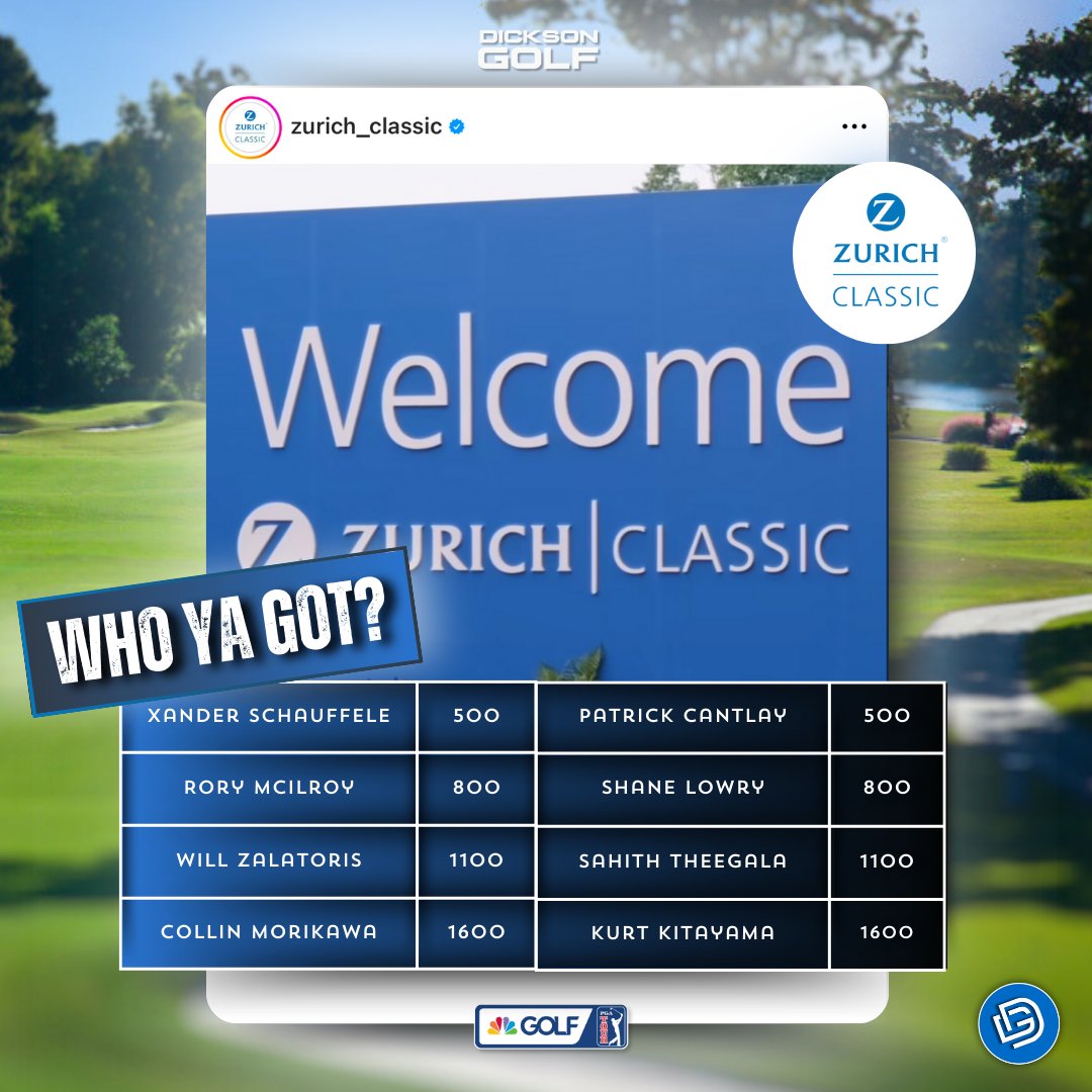 Who ya got?

The #PGA pays a visit to #TPCLouisiana for the Zurich Classic of New Orleans, April 25-28, 2024.

With 500 #FedExCup pts +$8.9M on the line, who ya got as the 2024 Zurich Classic champions?

Catch all the action at Dickson Golf!

dicksongolf.ca