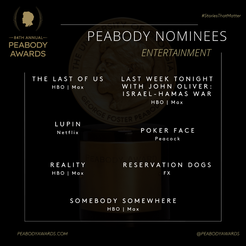 If you need watchlist material, look no further. The long anticipated reveal is here!! Recognized for their storytelling excellence, here are your entertainment nominees for our upcoming 84th Annual #PeabodyAwards. bit.ly/PeabodyNominees #StoriesThatMatter